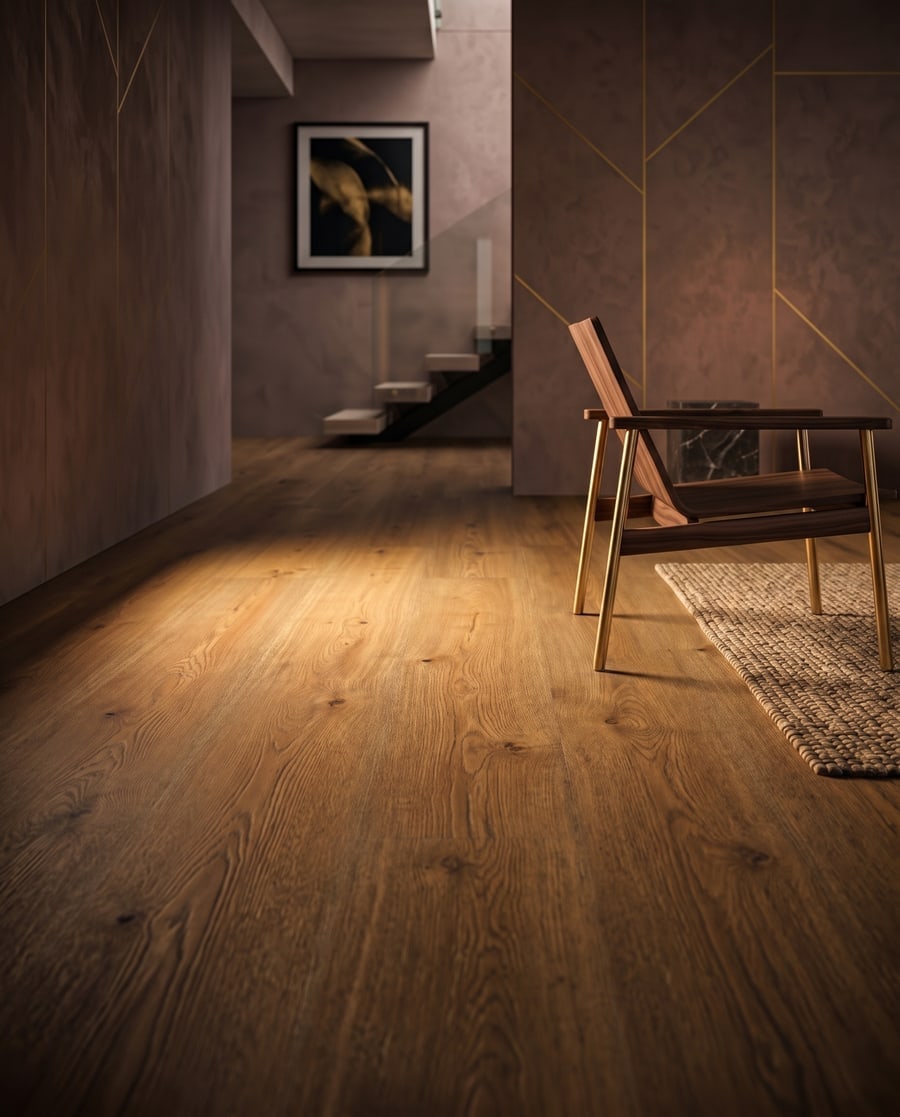 A dark interior with warm walnut-toned plank flooring in pooled golden light, a leather lounge chair on a woven rug.